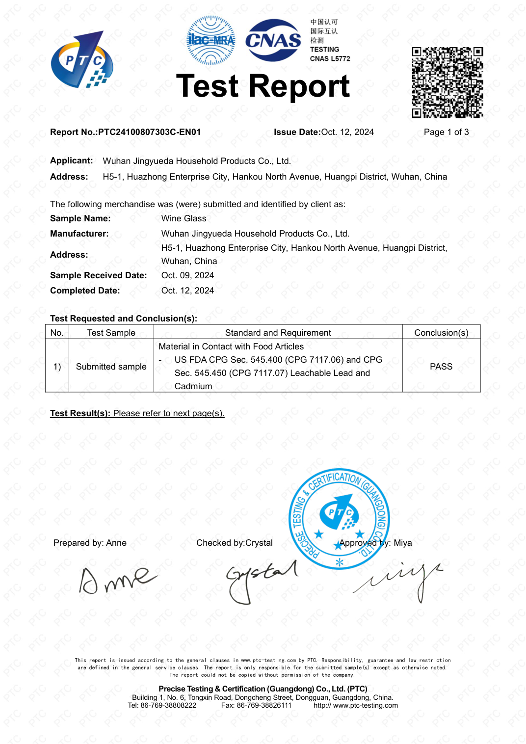 FDA CPG & ASTM C738 test report PTC24100807303C-EN01 for Wine Glass (PTC)