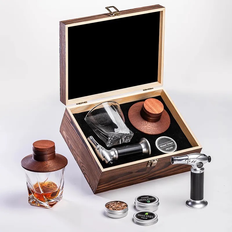 XZ-SMK08 Twisted Crystal Rocks Glass & Dark Acacia Smoker Gift Set