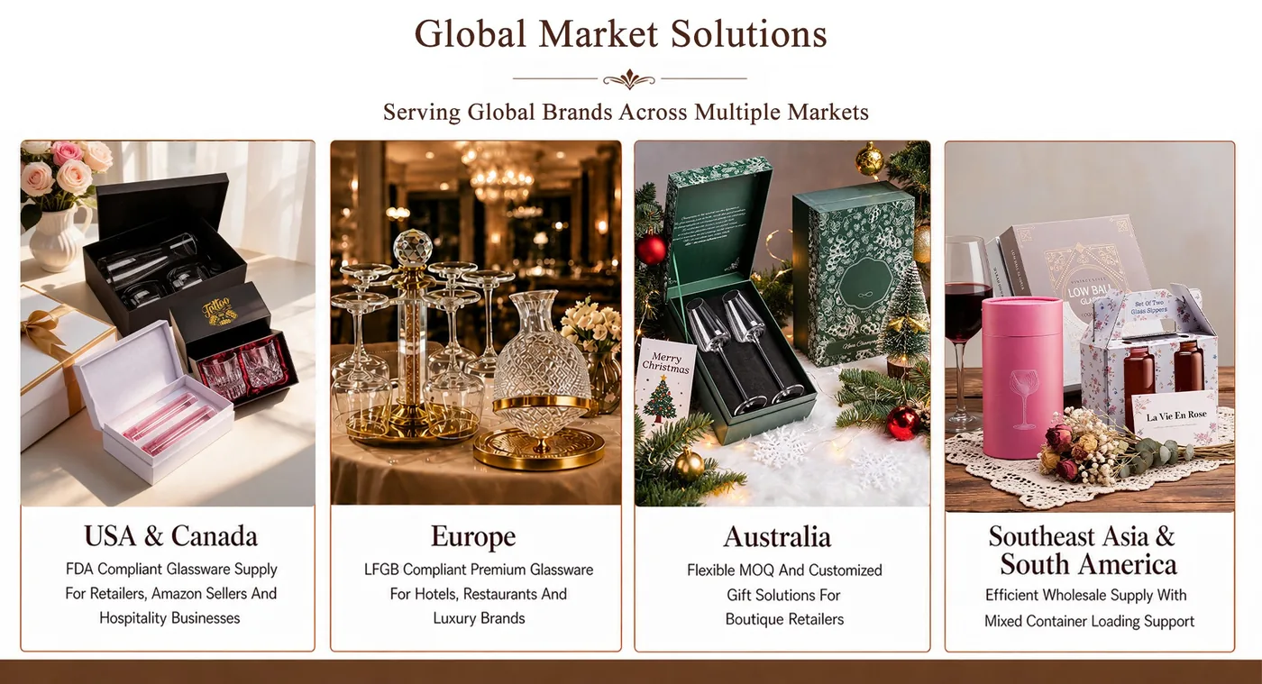 Global market glassware solutions for USA, Canada, Europe, Australia, Southeast Asia and South America